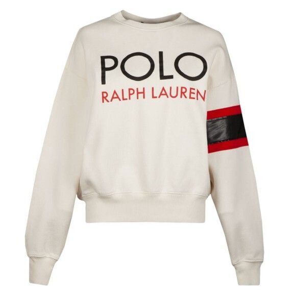 Polo Ralph Lauren Logo Leather Sweatshirt Red Black Stripe Unisex Size MM - Picture 1 of 13